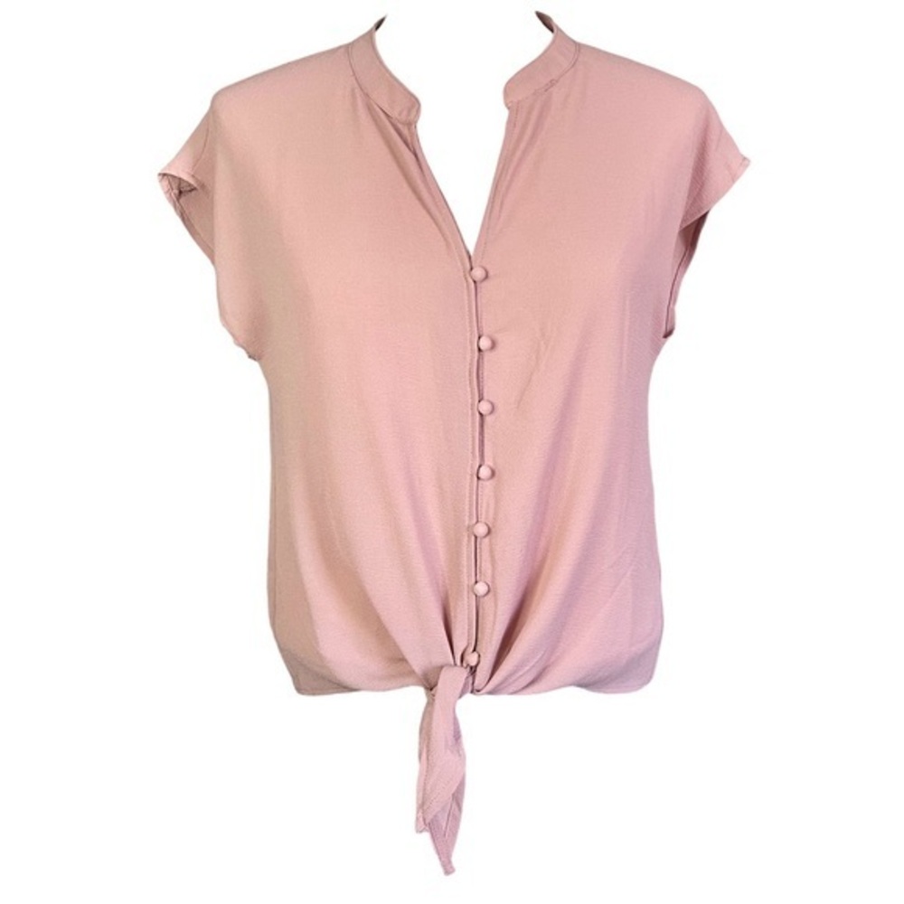 Pink Rose Sleeveless Button Up Waist Tie V-Neck Blouse SzS